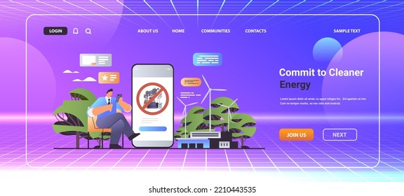 businessman using smartphone commit to cleaner energy carbon credit responsibility of co2 emission environment strategy