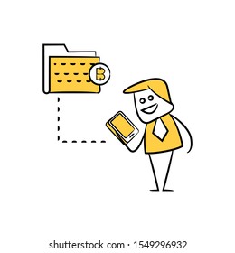 businessman using smartphone connect bitcoin file yellow doodle stick figure design