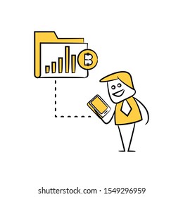 businessman using smartphone connect bitcoin file yellow doodle stick figure design