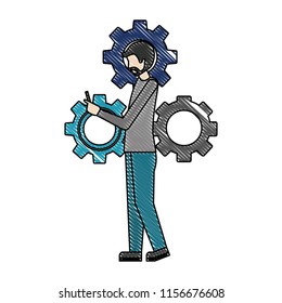businessman using smartphone and gears work color drawing
