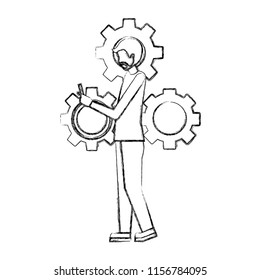 businessman using smartphone and gears work hand drawing