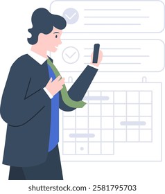 Businessman is using a smartphone, managing his schedule with a calendar and checklist, ensuring efficient time management and task completion