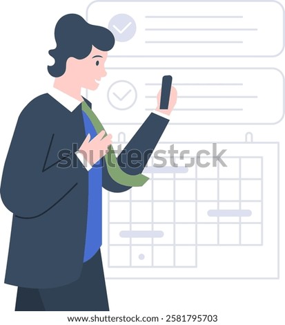 Businessman is using a smartphone, managing his schedule with a calendar and checklist, ensuring efficient time management and task completion