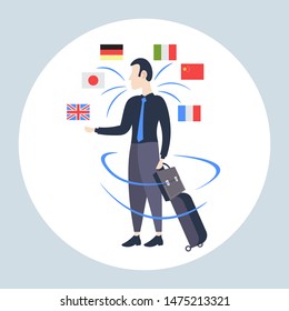 businessman using smartphone mobile dictionary or translator man tourist with luggage communication people connection concept different languages flags flat full length