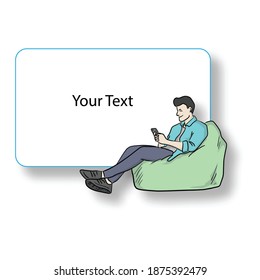 businessman using smartphone on his bean bag with copy space and shadow vector illustration hand drawn with black lines isolated on white background