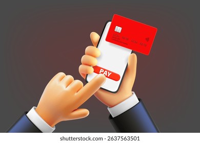 Businessman using smartphone to pay with plastic card. 3d vector illustration
