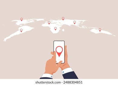 Businessman using smartphone to search map with geolocation points. concept of Synchronize GPS, Mark destination trip app and find business places