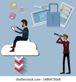 Businessman was using smartphone and someone was viewing him from behide with telescope - Vector Illustration
