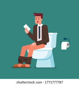 Empresario que usa smartphone cuando se sienta en el retrete. Estilo plano. Ilustración del vector 