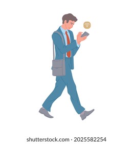 Businessman using smartphone with wireless internet symbol. Cartoon business man in suit walking and typing on phone screen, isolated vector illustration.