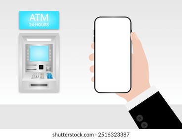 Businessman Using Smartphone to Withdraw Money from ATM. Vector Illustration.