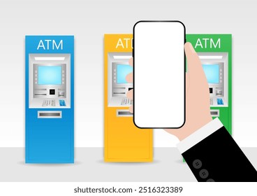 Businessman Using Smartphone to Withdraw Money from ATM. Vector Illustration.