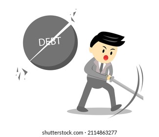 Businessman using sword slices a stone of debt to break in two pieces. 