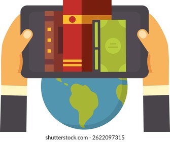 Businessman using tablet with books and money suggesting online education, global business, or digital finance over planet Earth, symbolizing worldwide reach and impact