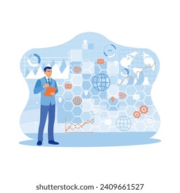 Businessman using tablet computer with double exposure of business infographic interface. Digital marketing globally. Finance and trade concept. Trend Modern vector flat illustration