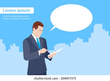 Businessman Using Tablet Computer Send Message Internet Texting Chat Communication Flat Vector Illustration