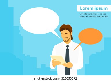 Businessman Using Tablet Computer Send Message Internet Chat Communication Flat Vector Illustration