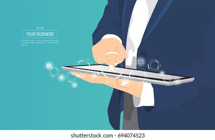 Businessman using tablet for connecting customer and business icon.