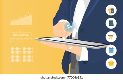 Businessman using tablet for connecting customers.Shopping and business icon.