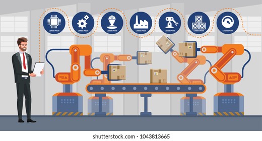 Businessman using tablet to control automation robot arm machine in smart factory industrial. Industry 4.0 infographics. Vector illustration 