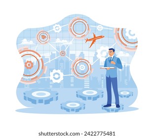 Empresario que usa tablet con interfaz de negocios digital. Parado sobre el telón de fondo de las vistas de la ciudad y los íconos de negocios. Concepto de alta tecnología y comunicación.  ilustración moderna de vector plano de tendencia 