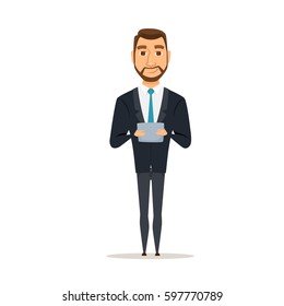 Businessman using tablet. Man dressed in suit holding a digital device. Cartoon manager or boss isolated on white