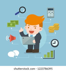 Businessman using tablet multitasking skill with business icon. Vector illustration
