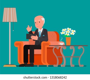 Businessman using tablet on the couch. Vector illustration, flat design drawing.