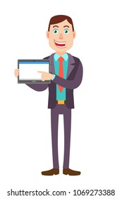 Businessman using tablet PC. Full length portrait of Cartoon Businessman Character. Vector illustration in a flat style.