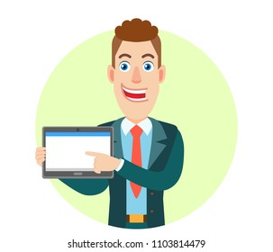 Businessman using tablet PC. Portrait of Cartoon Businessman Character. Vector illustration in a flat style.