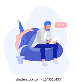 Businessman using tablet and sending a  message. Flat design style modern vector illustration.