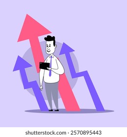 Businessman using tablet to study financial reports vector illustration. Huge business diagrams on background. Business, analytics, finance concept