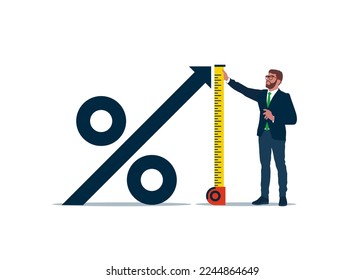 Businessman using tape measure to measure the height of the percentage symbol. Growth in investment. Flat vector illustration.