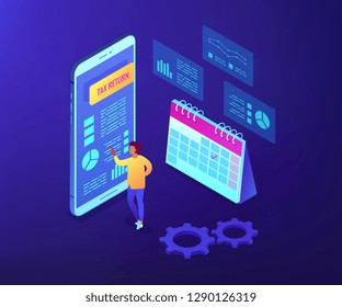 Businessman using tax return application on mobile phone. Tax return service, tax refund application, worldwide internet shopping concept. Ultraviolet neon vector isometric 3D illustration.