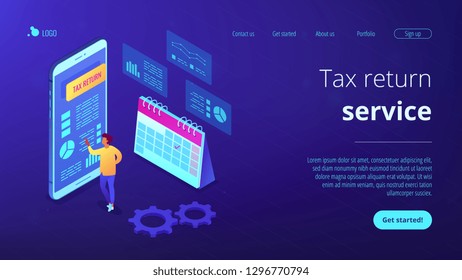 Businessman using tax return application on mobile phone. Tax return service, tax refund application, worldwide internet shopping concept. Isometric 3D website app landing web page template