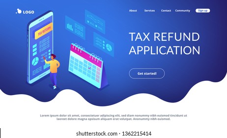 Empresario que usa la aplicación de devolución de impuestos en el teléfono móvil. Servicio de devolución de impuestos, solicitud de reembolso de impuestos, concepto de compras por Internet a nivel mundial. plantilla de página web de aterrizaje de aplicación de sitio web Isometric 3D