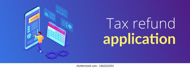 Businessman using tax return application on mobile phone. Tax return service, tax refund application, worldwide internet shopping concept. Isometric 3D banner header template copy space.