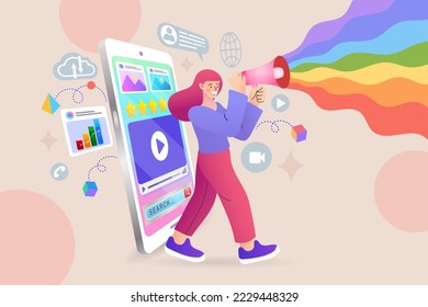 Businessman using technology for marketing. Woman with megaphone and business icons. Giving an announcement. People is using a speaker. Person giving an announcement. Vector illustration cartoon flat.