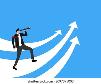 Businessman using telescope with arrow sign. Concept for forecast, prediction, success, planning in business. Vector illustration