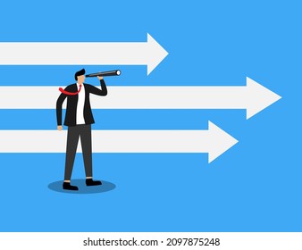 Businessman using telescope with arrow sign. Concept for forecast, prediction, success, planning in business. Vector illustration