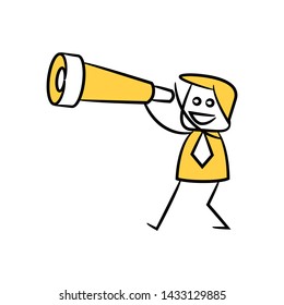 businessman using telescope for business vision concept icon in yellow stick figure theme