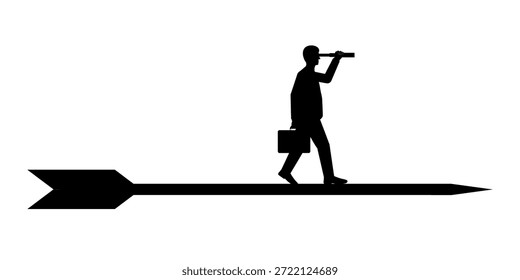 Hombre de negocios que usa el telescopio en busca de la silueta de la oportunidad Nueva. Oportunidad de negocio y futuro concepto de carrera. Ilustración vectorial.