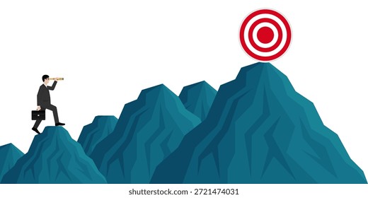 Hombre de negocios usando telescopio en busca de objetivo. Consecución de objetivos y concepto de éxito empresarial. Ilustración vectorial.
