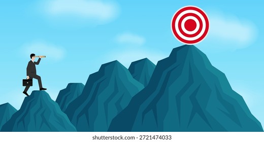 Hombre de negocios usando telescopio en busca de objetivo. Consecución de objetivos y concepto de éxito empresarial. Ilustración vectorial.