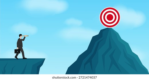 Hombre de negocios usando telescopio en busca de objetivo. Consecución de objetivos y concepto de éxito empresarial. Ilustración vectorial.