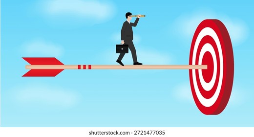 Hombre de negocios usando telescopio en busca de objetivo. Consecución de objetivos y concepto de éxito empresarial. Ilustración vectorial.