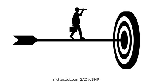 Businessman using Telescope looking for Target Silhouette. Goal Achievement and Business Success Concept. Vector Illustration.