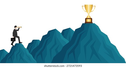 Empresário usando Telescópio procurando por Troféu. Conquista de metas e conceito de sucesso de negócios. Ilustração de vetor.