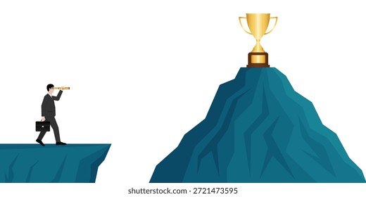 Hombre de negocios usando telescopio en busca de trofeos. Consecución de objetivos y concepto de éxito empresarial. Ilustración vectorial.