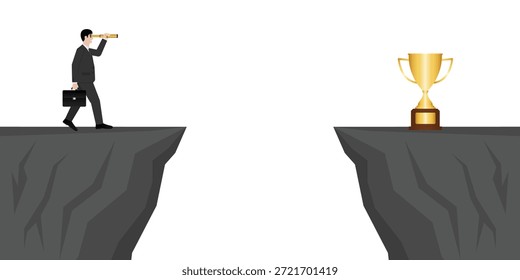 Hombre de negocios usando telescopio en busca de trofeos. Consecución de objetivos y concepto de éxito empresarial. Ilustración vectorial.